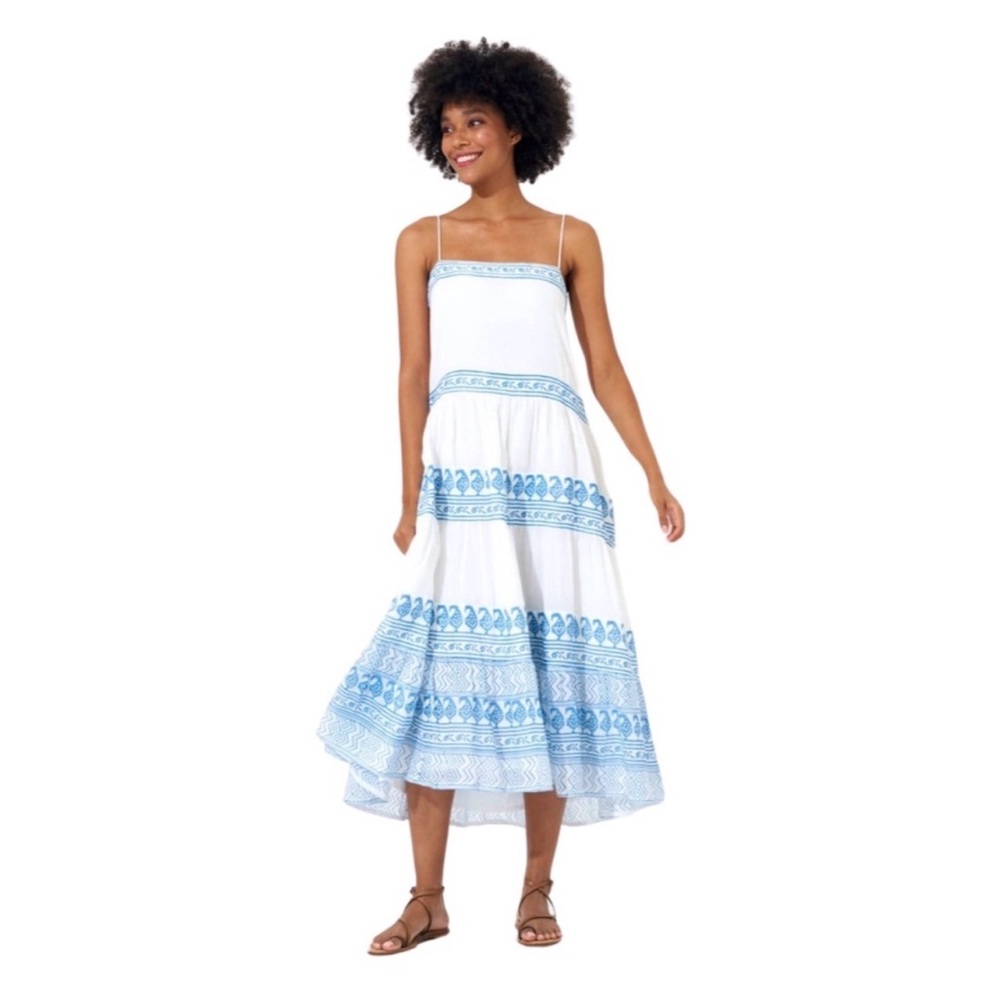 Oliphant White & Light Blue Tiered Midi Dress